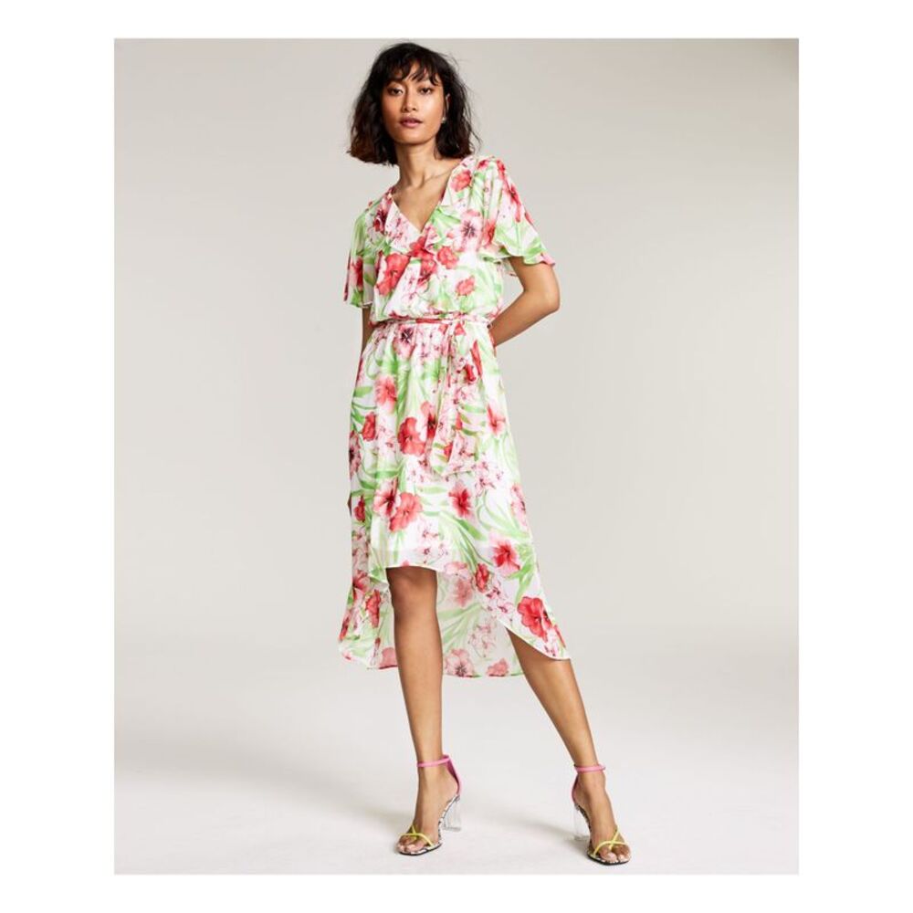 BAR III DRESSES Womens Chiffon Tie-belt Flutter Sleeve Midi Party Hi-Lo Dress